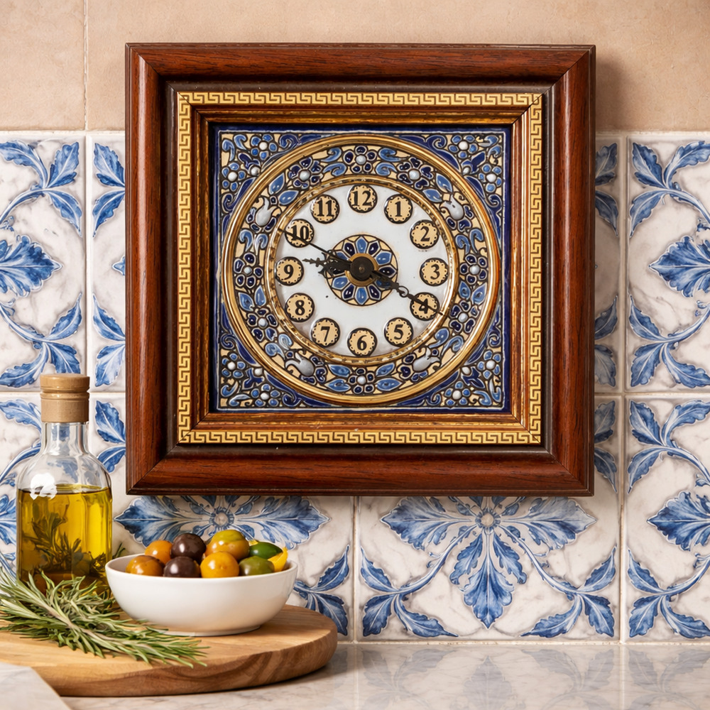 Vintage Cercolon Hand Painted Tile Clock Spain Framed Ceramic 7" Moroccan